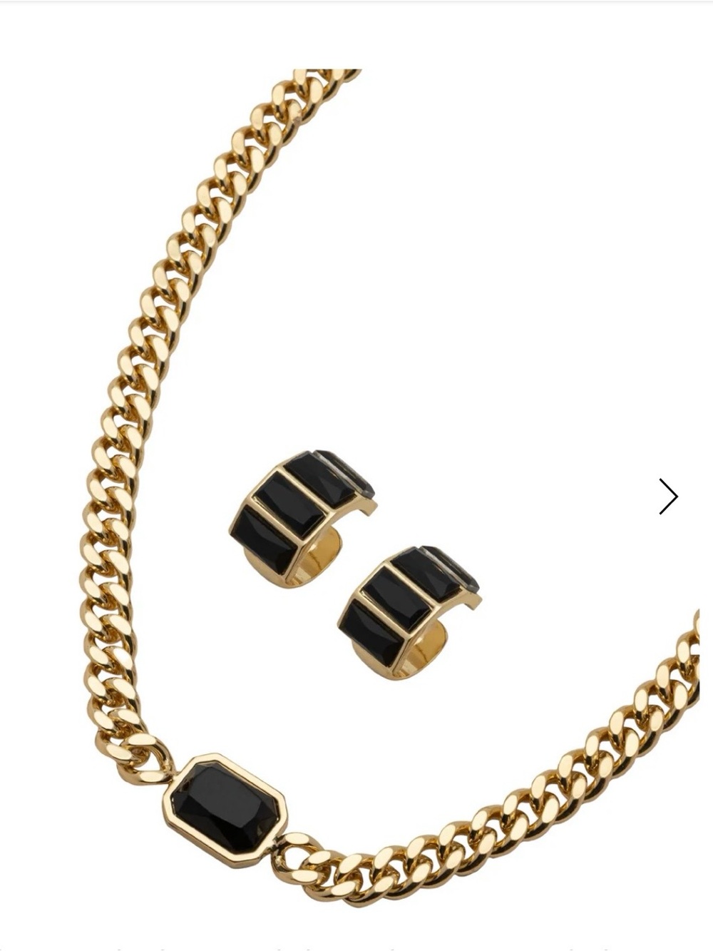 Gold Chain Necklace and Hoop Earring Set with Black Stones